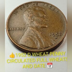 ✅🔥Vintage 1952 D Wheat Penny Coin CIRCULATED FULL WHEATS AND DATE 📅